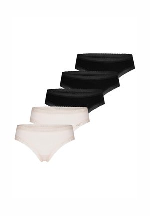 Fem par hipstertrusser til kvinder med blonder, tre sorte og to beige, arrangeret i en forskudt række på en hvid baggrund.