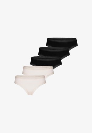 Fünf Damenslips im Hipster-Stil mit Spitzenbesatz, drei schwarze und zwei beige, in einer versetzten Reihe auf weißem Hintergrund angeordnet.