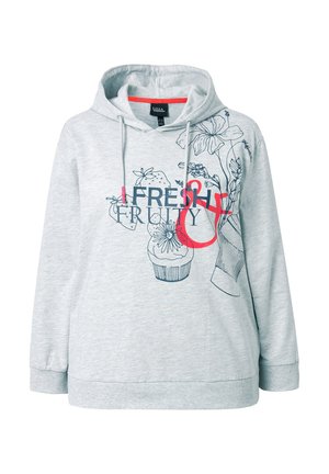 Felpa con cappuccio grigio chiaro con disegni lineari di fiori e frutta e testo "FRESH FRUITY" in blu navy e rosso sulla parte frontale.