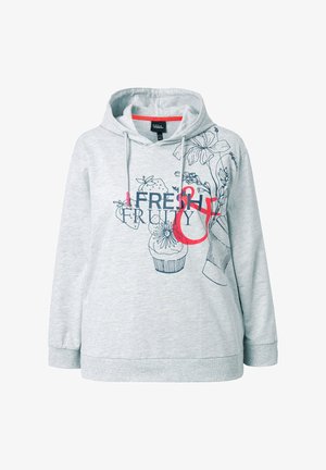 Vaaleanharmaa hupullinen collegepaita, jossa on kukka- ja hedelmäsiluetteja sekä etupuolella teksti "FRESH FRUITY" laivastonsinisellä ja punaisella.