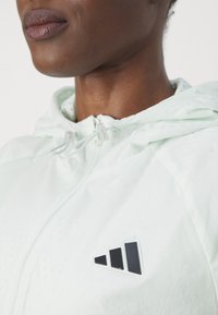 Chaqueta con capucha de un suave color verde menta, fabricada en un material ligero. Presenta un logo en blanco y negro y un cordón ajustable.