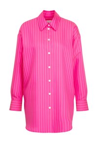 Roze gestreepte blouse met een knoopsluiting aan de voorkant, klassieke kraag en driekwartmouwen. Gemaakt van glad, lichtgewicht materiaal.