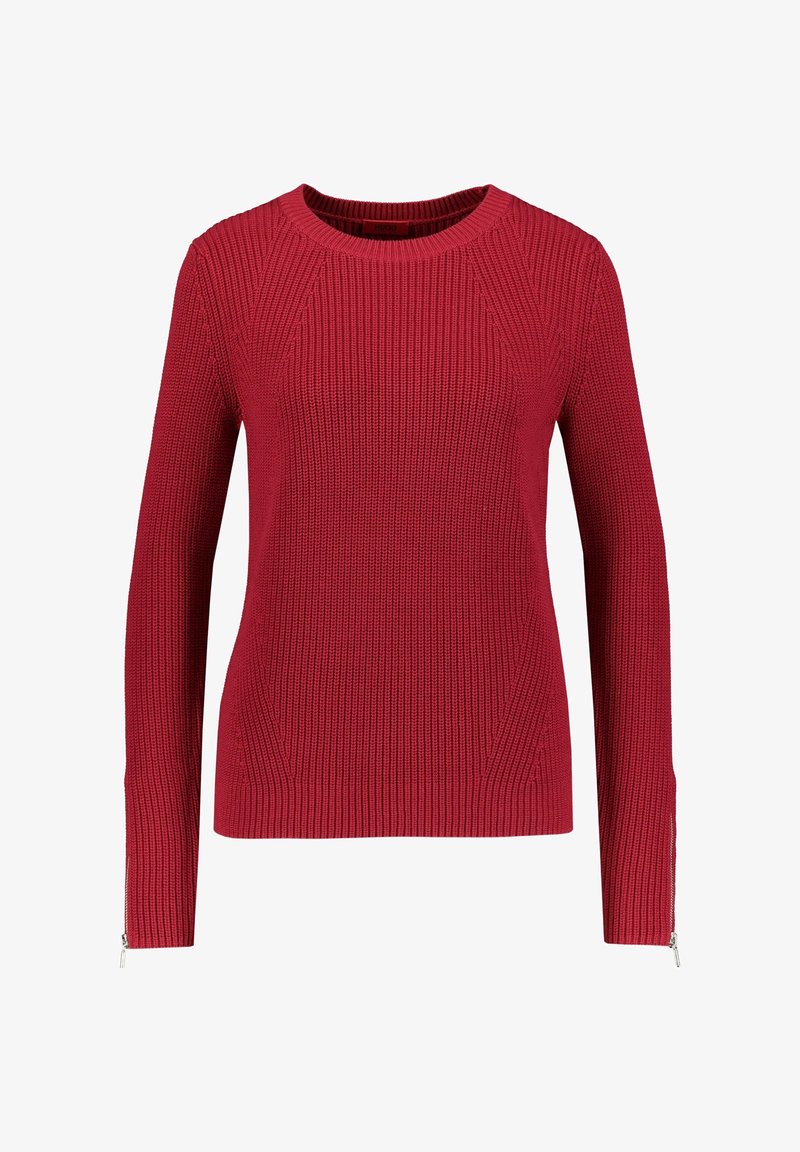 Pull en maille côtelée rouge avec manches longues, col rond et fermetures éclair argentées aux poignets.