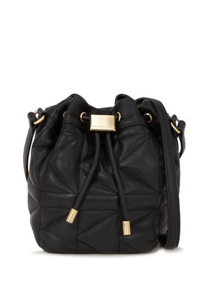 Black leather drawstring bucket bag with gold-tone hardware, quilted triangular pattern, and adjustable shoulder strap.