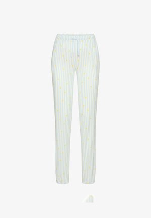 Hele sinised ja valged triibulised nööriga püksid elastse vöökohaga ning hajutatud väikeste kollaste sidruniviilude trükiga.