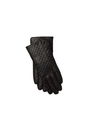 Pair of black leather gloves with a quilted diamond pattern covering the entire surface.