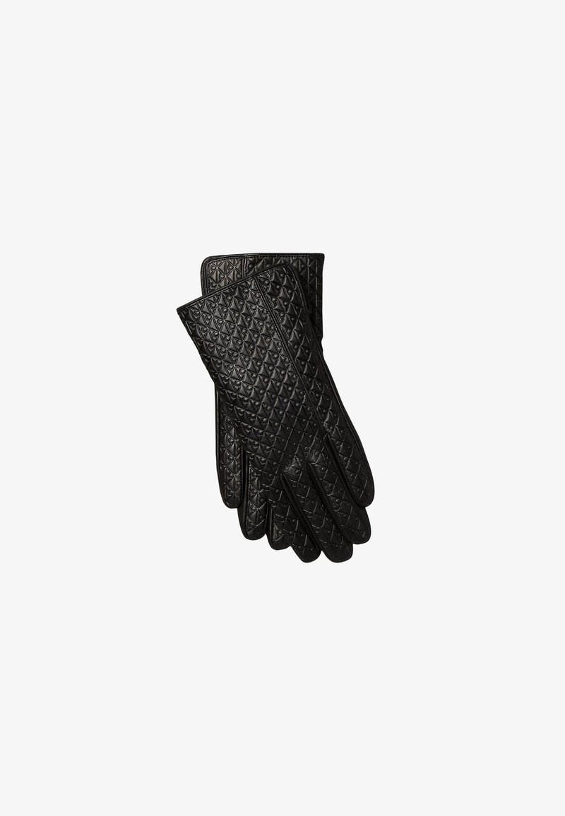 Paire de gants en cuir noir avec un motif matelassé en losange couvrant toute la surface.