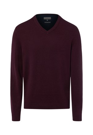 Maglione a maniche lunghe color bordeaux scuro con scollo a V, polsini e orlo a coste, design semplice, realizzato in tessuto a maglia fine.