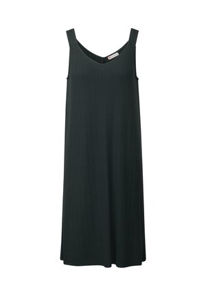 Robe sans manches vert foncé avec un décolleté en V, texture côtelée et coupe décontractée. Présente des bretelles étroites et une longueur au genou.
