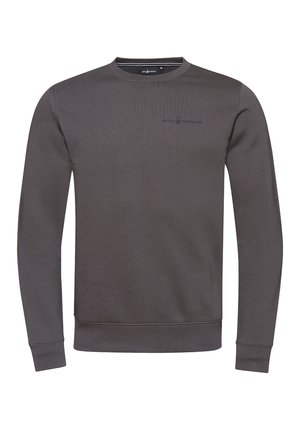 Donkergrijze sweatshirt met ronde hals van een gestructureerde stof. Heeft lange mouwen, geribbelde manchetten en een klein logo op de borst.