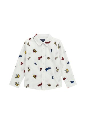 Camicia bianca a maniche lunghe con motivi ricamati colorati, inclusi punti interrogativi, frasi e simboli giocosi. Presenta un colletto classico e bottoni.