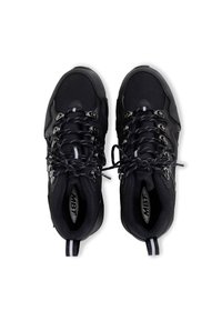 Schwarze synthetische High-Top-Schuhe mit strukturierten Paneelen, Metallösen und schwarzen Schnürsenkeln. Verfügt über eine Rückziehschlaufe und ein verstellbares Schnürsystem.