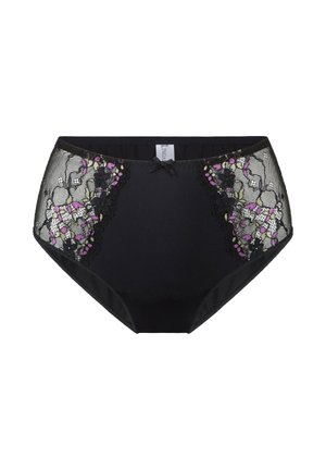 Schwarze, hochtaillierte Unterhosen mit floralen Spitzendetails in lila, grün und schwarz an den Seiten, versehen mit einem kleinen Schleifendetail auf der Vorderseite.