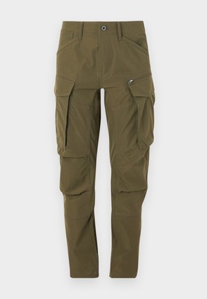 Pantaloni cargo de culoare verde măslin, confecționați dintr-un material ușor, având multiple buzunare mari, un buzunar cu fermoar și un design cu picioare drepte.