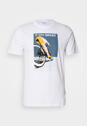 White cotton T-shirt featuring a bicycle graphic. The design includes a cyclist in yellow and blue with text: "IF YOU BRAKE YOU DON'T WIN."