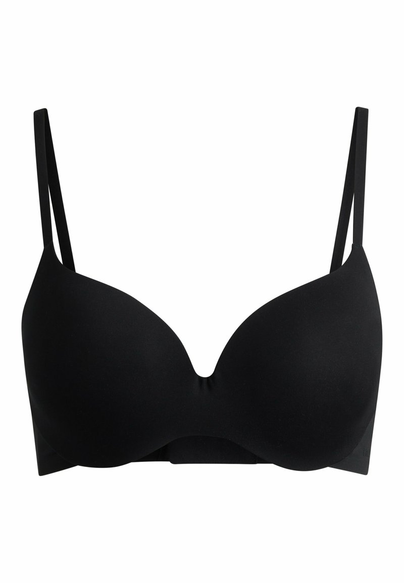 Schwarzer Bügel-BH mit dünnen Trägern, glattem Stoff und tiefem Ausschnitt. Verfügt über geformte Cups und ein nahtloses Design für diskreten Tragekomfort.
