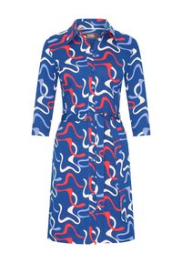 Sininen paita-mekko, jossa on abstrakteja punaisia, vaaleanpunaisia ja valkoisia pyörteitä, napitus edessä, kaulus ja sidottava vyötärö.