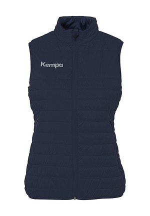 Marineblå quiltet vest med høj krave, lynlås foran, brandlogo "Kempa" i lys grå på venstre side, har sidelommer.
