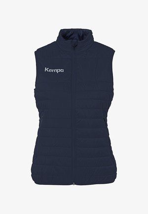 Navy quilted vest with high collar, zip front, brand logo "Kempa" in light gray on the left side, features side pockets.