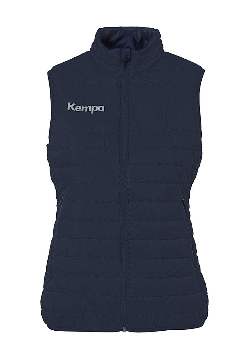 Marineblauw gewatteerd vest met hoge kraag, ritssluiting aan de voorkant, merklogo "Kempa" in lichtgrijs aan de linkerkant, inclusief zijzakken.