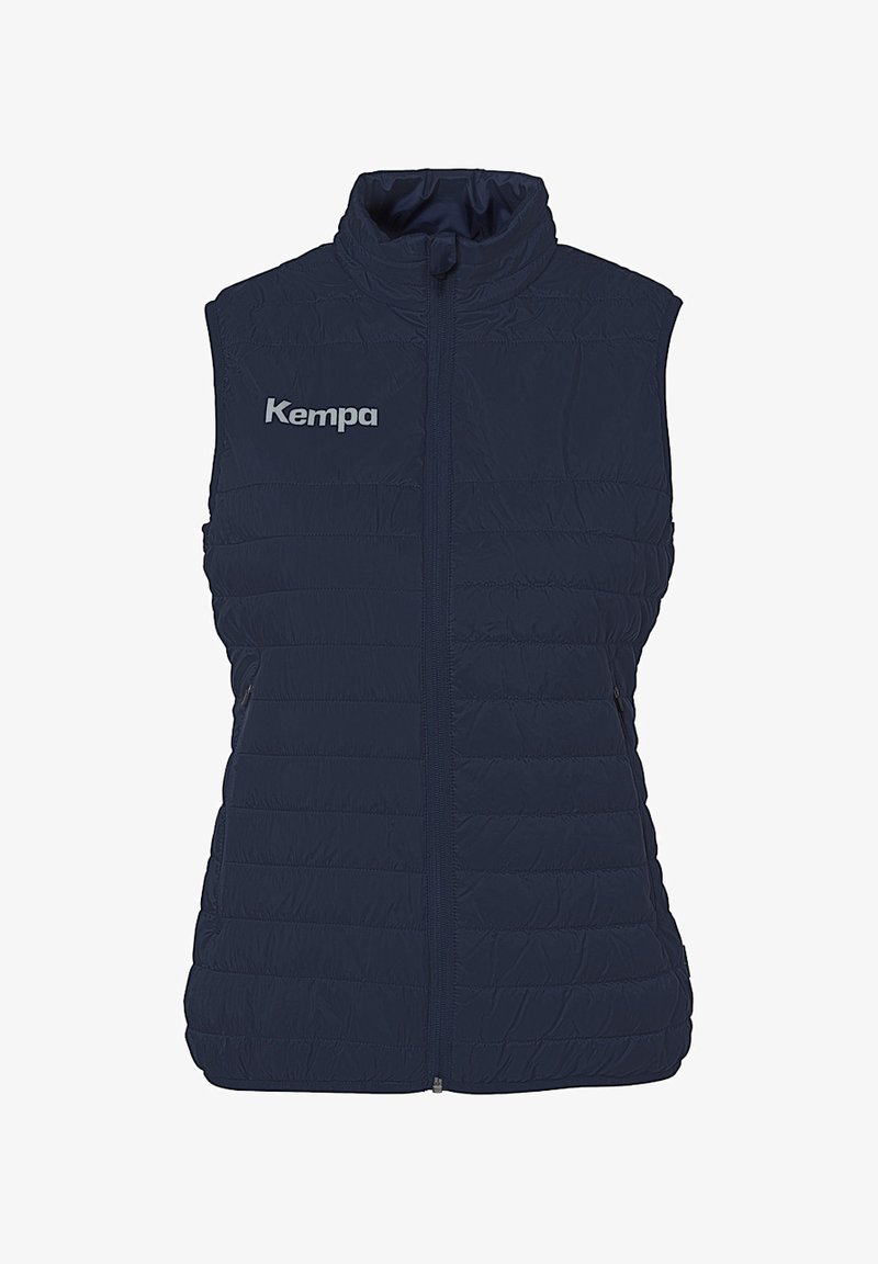 Gilet matelassé bleu marine avec col montant, fermeture éclair sur le devant, logo de marque "Kempa" en gris clair sur le côté gauche, doté de poches latérales.