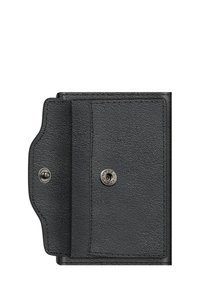 Czarny skórzany portfel, teksturowana powierzchnia, składany design, zapięcie na zatrzask, wewnętrzne sloty na karty, minimalistyczny styl.