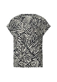 Blusa con stampa zebrina bianco e nero a maniche corte e scollo a V, caratterizzata da una vestibilità ampia e una texture morbida.
