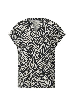 Blusa de estampado de cebra en blanco y negro con mangas cortas y escote en V, que presenta un corte holgado y una textura suave.