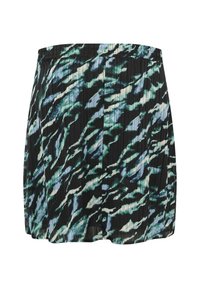 Jupe noire présentant un motif abstrait ondulé en vert et bleu. Fabriquée en tissu côtelé, elle dispose d'une taille élastique et d'un design fluide.