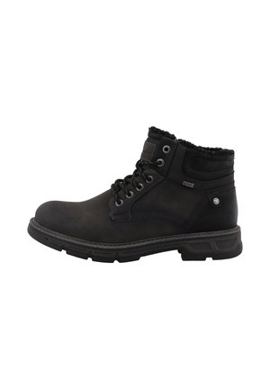 Bottine noire à lacets avec col matelassé et semelle texturée, conçue pour une utilisation extérieure ou décontractée avec une doublure intérieure chaude.
