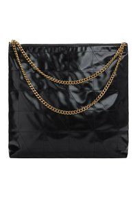 Sac à main en cuir noir matelassé avec un motif géométrique, doté d'une bandoulière chaîne dorée. Fermeture éclair sur le dessus.