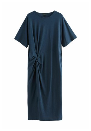 Dunkelblaues T-Shirt-Kleid aus weichem Stoff, mit kurzen Ärmeln, rundem Ausschnitt und einem verdrehten Knoten-Detail in der Taille.