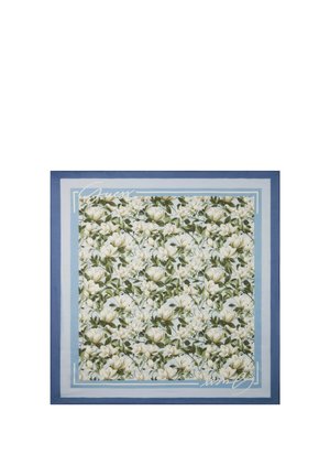 Vierkante sjaal met een dicht patroon van witte magnoliabloemen en groene bladeren, omlijst door licht- en donkerblauwe randen.