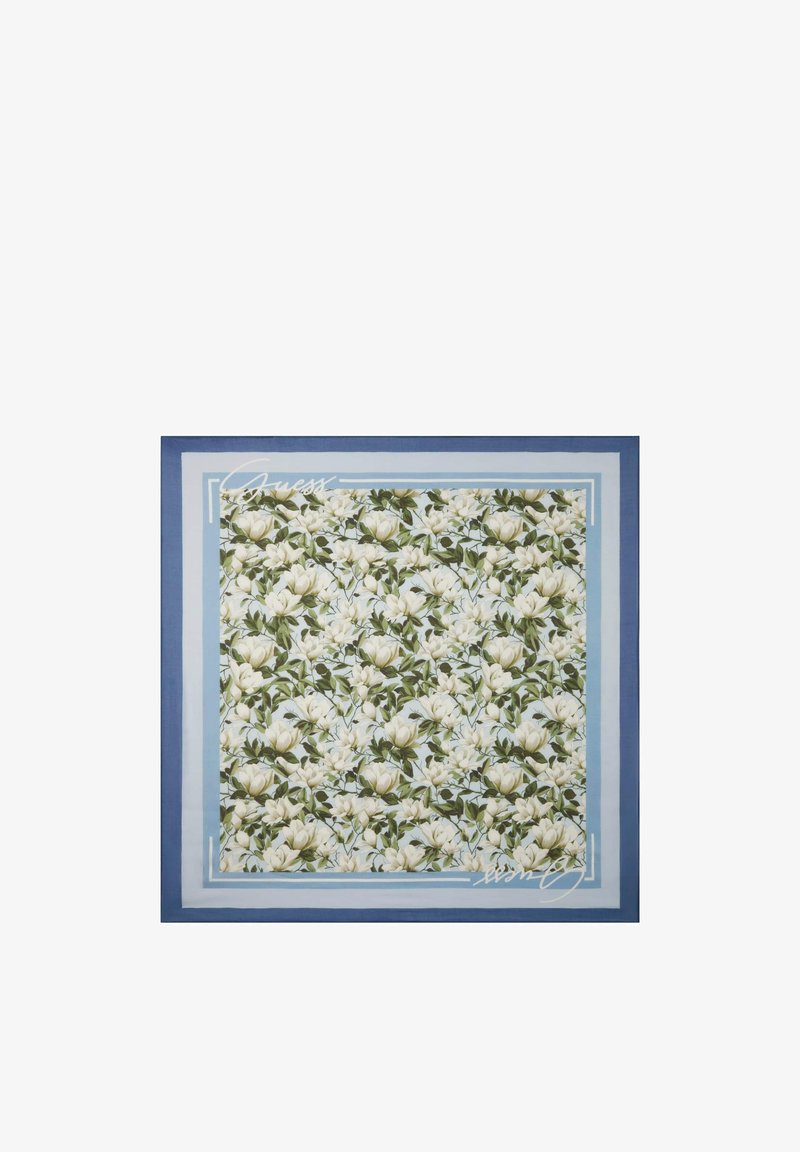Foulard carré avec un motif dense de fleurs de magnolia blanches et de feuilles vertes, encadré par des bordures bleu clair et bleu foncé.