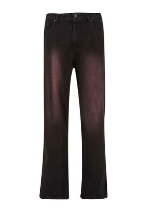 Jean en denim noir à coupe droite, avec un léger dégradé. Comprend des poches avant et une fermeture à bouton en métal.