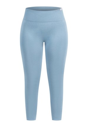 Blå leggings lavet af et glat, strækbart materiale med en bred, ribbet talje. Ingen synlige sømme eller mønstre. Tætsiddende silhuet.