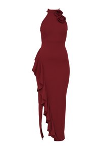 Burgundy dress with a high neckline, ruffle detail on the side, and two fabric roses on the shoulder; made from stretch material.