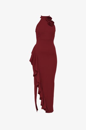 Burgundy dress with a high neckline, ruffle detail on the side, and two fabric roses on the shoulder; made from stretch material.