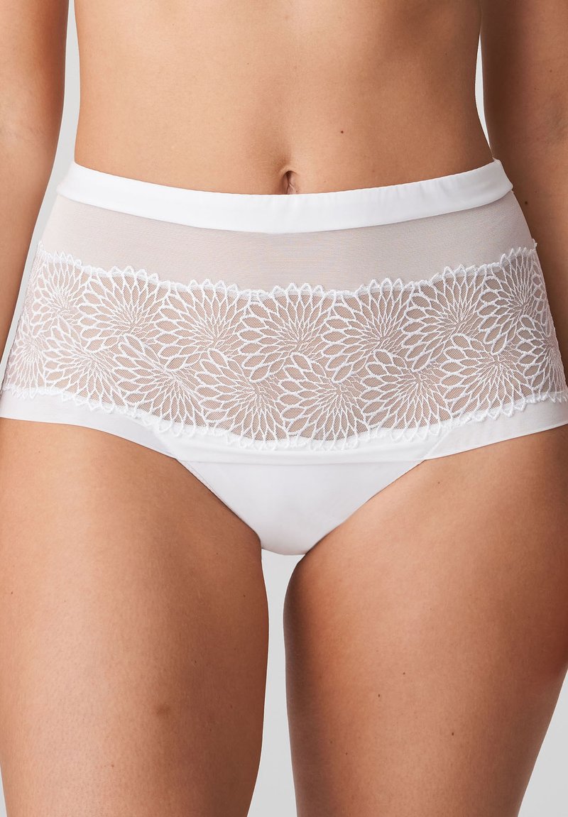 Bragas blancas de talle alto con encaje floral transparente en la cintura, tejido suave y un diseño sin costuras para mayor comodidad.