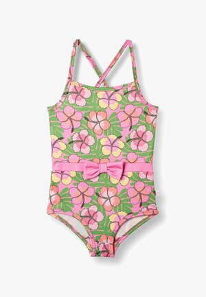 Maillot de bain une-pièce pour filles avec des fleurs d'hibiscus roses, jaunes et oranges sur fond vert et ceinture à nœud rose à la taille.