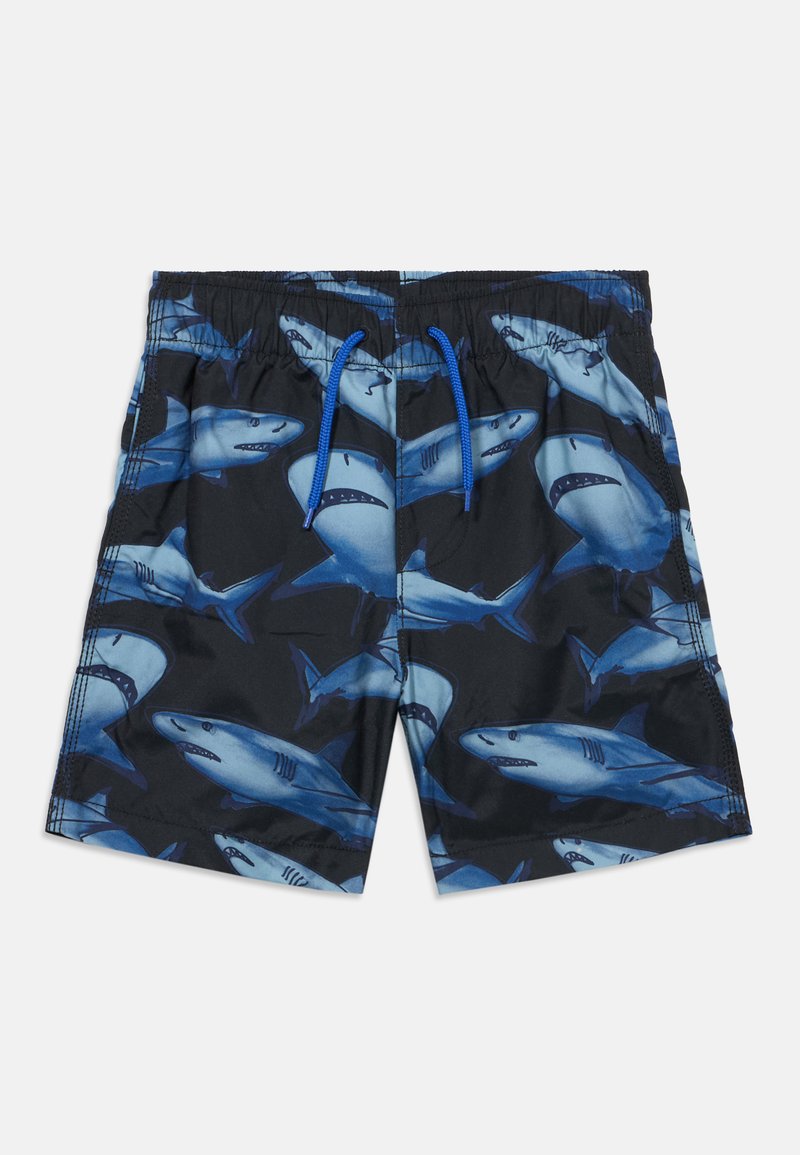 Shorts de bain noirs avec un motif de requins bleus et un cordon de serrage bleu à la taille élastique.