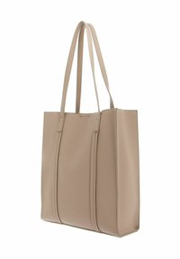 Sac fourre-tout en cuir beige avec deux longues poignées, une silhouette structurée et une texture subtile. Doté d'une fermeture éclair et d'un design minimaliste.