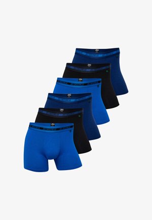 Sechs Paare von Boxershorts in Blau und Schwarz, mit einem weichen elastischen Bund mit Markenzeichen und einer glatten Baumwollstofftextur.