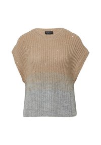 Grubszy dzianinowy sweter bez rękawów z beżową górną połową, jasnoszaro dolną połową oraz subtelnymi srebrnymi cekinami w całej powierzchni.