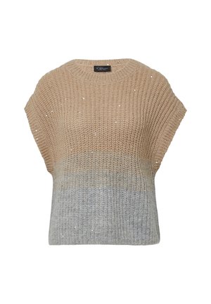 Dik gebreide mouwloze sweater met een beige bovenkant, lichtgrijze onderkant en subtiele zilveren sequins verspreid over het geheel.