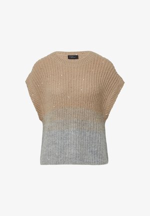 Flauschiger, ärmelloser Pullover mit beigem oberen Teil, hellgrauem unteren Teil und dezenten silbernen Paillettenverzierungen.