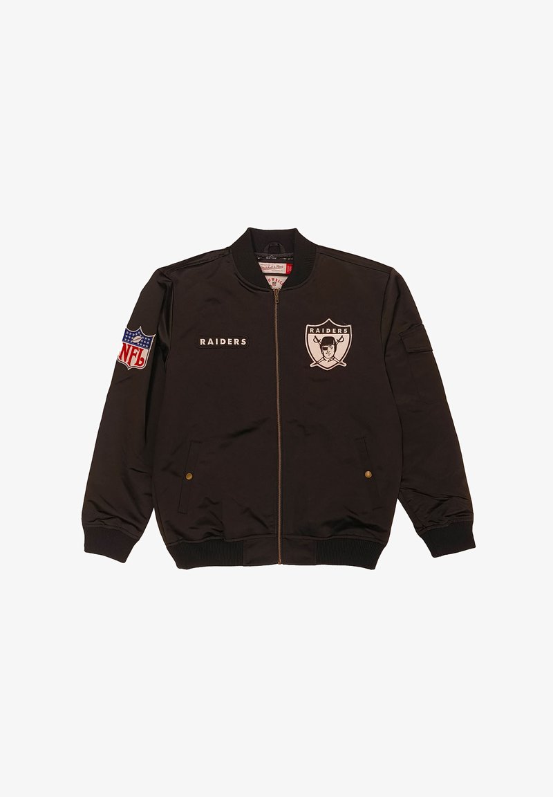 Black bomber jacket featuring NFL logo and "RAIDERS" text. Satin finish with ribbed cuffs and waistband, side pockets, and a team emblem on the chest.