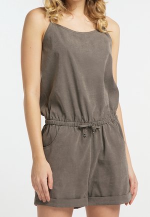 Grå, ærmeløs heldragt med afslappet pasform, elastisk talje, sidelommer og en glat, blød tekstur.