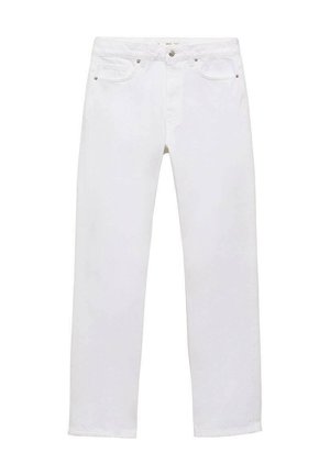 Jean en coton blanc avec un design à jambe droite, comprenant cinq poches, une fermeture à bouton en métal et une texture subtile. L'ourlet cousu complète le look.