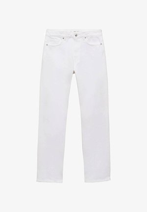 Bílé bavlněné džíny se středně širokým střihem, mají pět kapes, kovové zapínání na knoflík a jemnou strukturu. Šitý lem ten dotváří celkový vzhled.